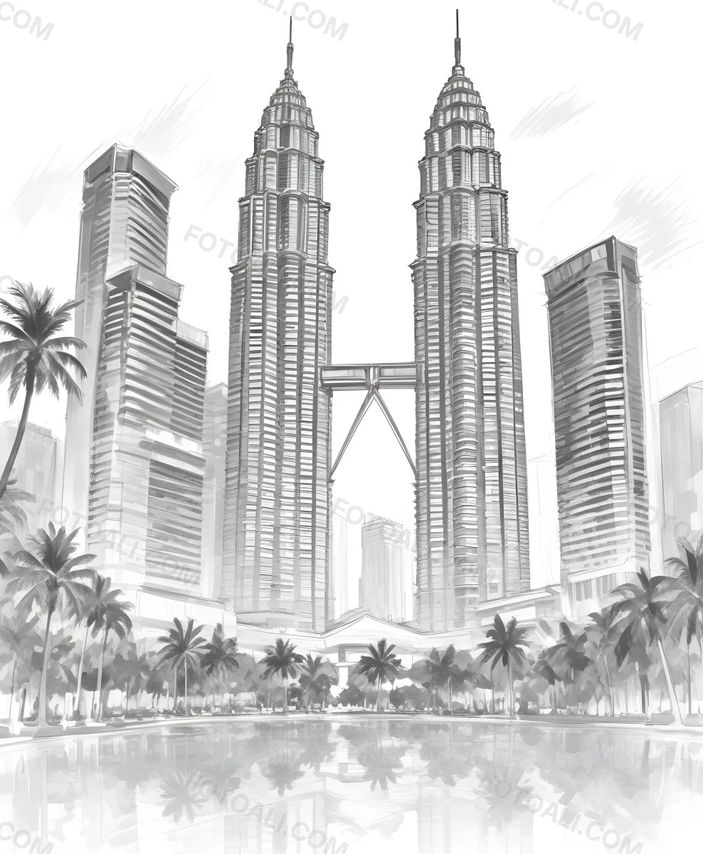 Digital Painting Petronas Towers In Kuala Lumpur Malaysia Surrounded By Skyscrapers And Palm Trees Bold And Slim Lines Brush Strokes 7 793e