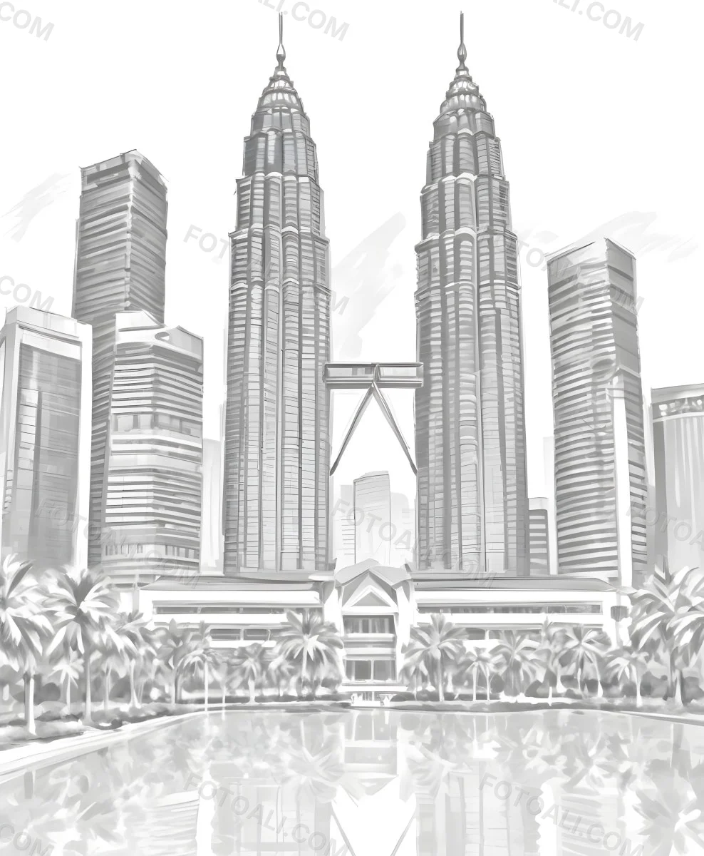 Digital Painting Petronas Towers In Kuala Lumpur Malaysia Surrounded By Skyscrapers And Palm Trees Bold And Slim Lines Brush Strokes 8 5cd7