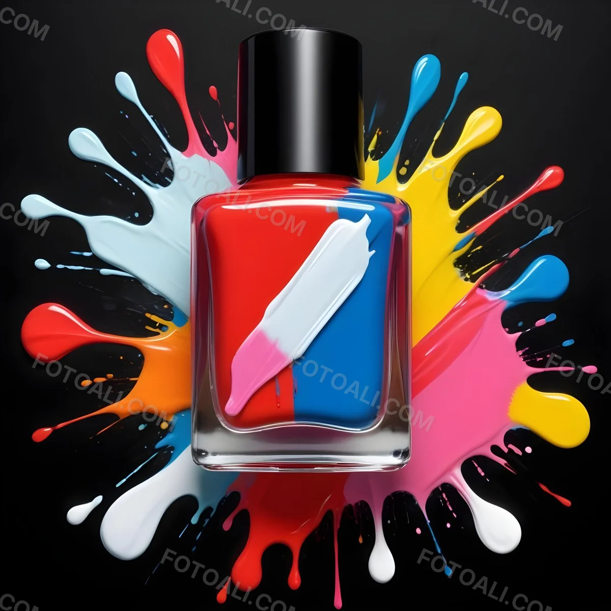 Digital Painting Redbluegreenyelloworangepink Nail Polish Bottle With White Cap Brush With A Drop Of Nail Polish And A Puddle Of Nail Polish On A Black Background Bold And Slim Lines Brush Strokes 13 7080