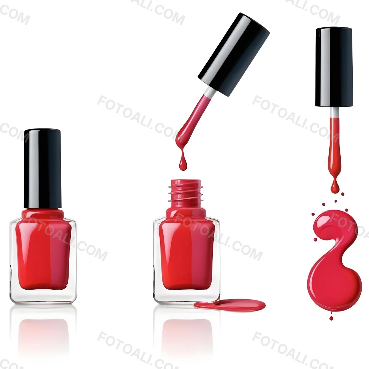 Digital Painting Redbluegreenyelloworangepink Nail Polish Bottle With White Cap Brush With A Drop Of Nail Polish And A Puddle Of Nail Polish On A Black Background Bold And Slim Lines Brush Strokes 25 354e