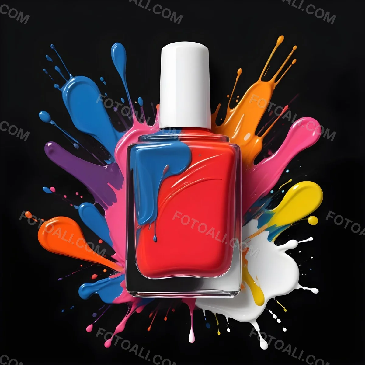 Digital Painting Redbluegreenyelloworangepink Nail Polish Bottle With White Cap Brush With A Drop Of Nail Polish And A Puddle Of Nail Polish On A Black Background Bold And Slim Lines Brush Strokes 3 62c3