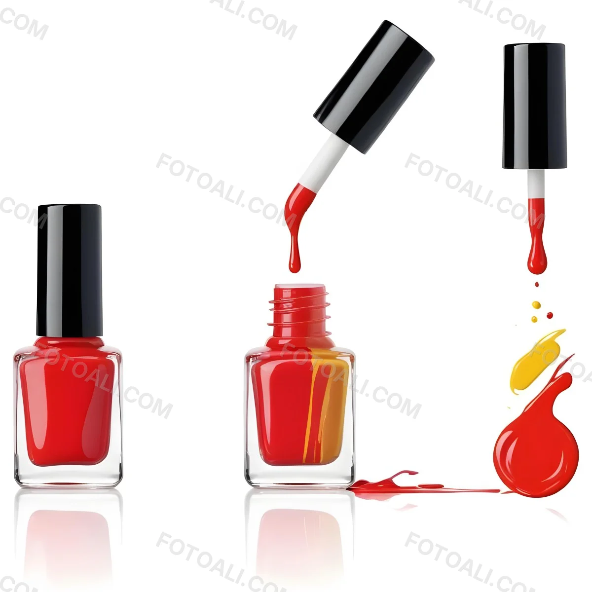 Digital Painting Redbluegreenyelloworangepink Nail Polish Bottle With White Cap Brush With A Drop Of Nail Polish And A Puddle Of Nail Polish On A Black Background Bold And Slim Lines Brush Strokes 31 95f4