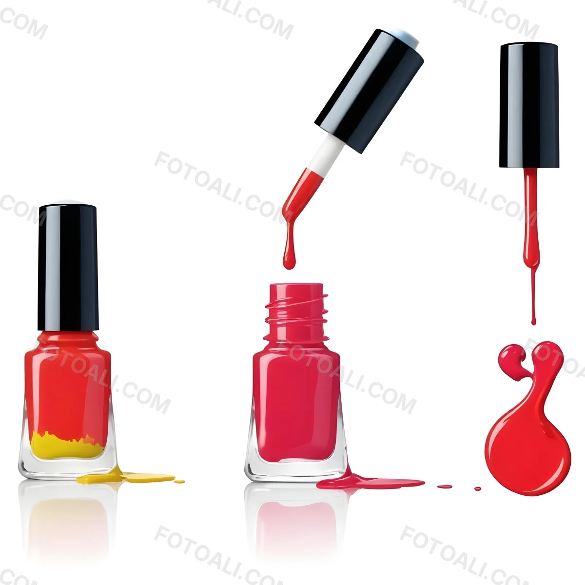 Digital Painting Redbluegreenyelloworangepink Nail Polish Bottle With White Cap Brush With A Drop Of Nail Polish And A Puddle Of Nail Polish On A Black Background Bold And Slim Lines Brush Strokes 34 F6b2