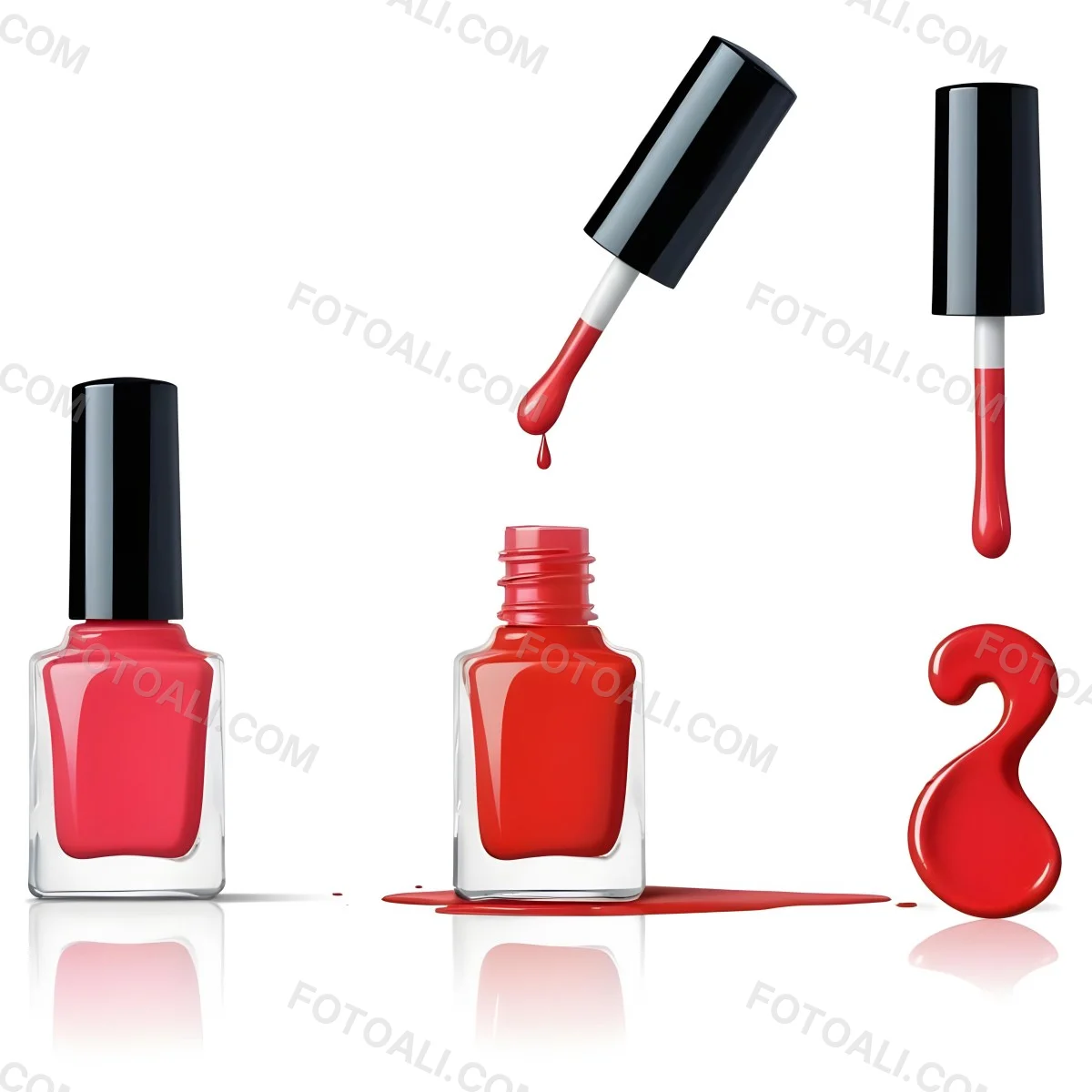 Digital Painting Redbluegreenyelloworangepink Nail Polish Bottle With White Cap Brush With A Drop Of Nail Polish And A Puddle Of Nail Polish On A Black Background Bold And Slim Lines Brush Strokes 4 B52b