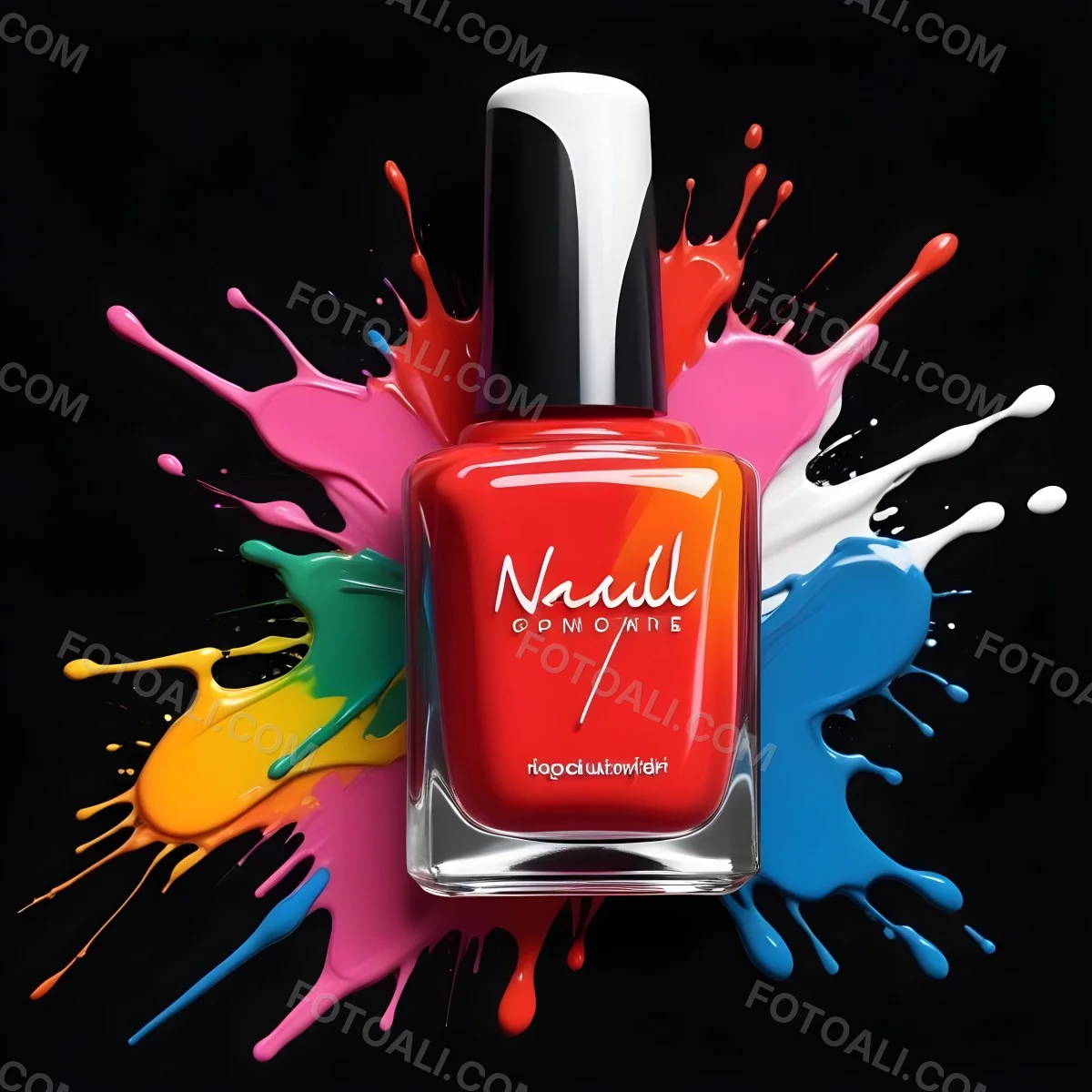 Digital Painting Redbluegreenyelloworangepink Nail Polish Bottle With White Cap Brush With A Drop Of Nail Polish And A Puddle Of Nail Polish On A Black Background Bold And Slim Lines Brush Strokes 5 Ebe9