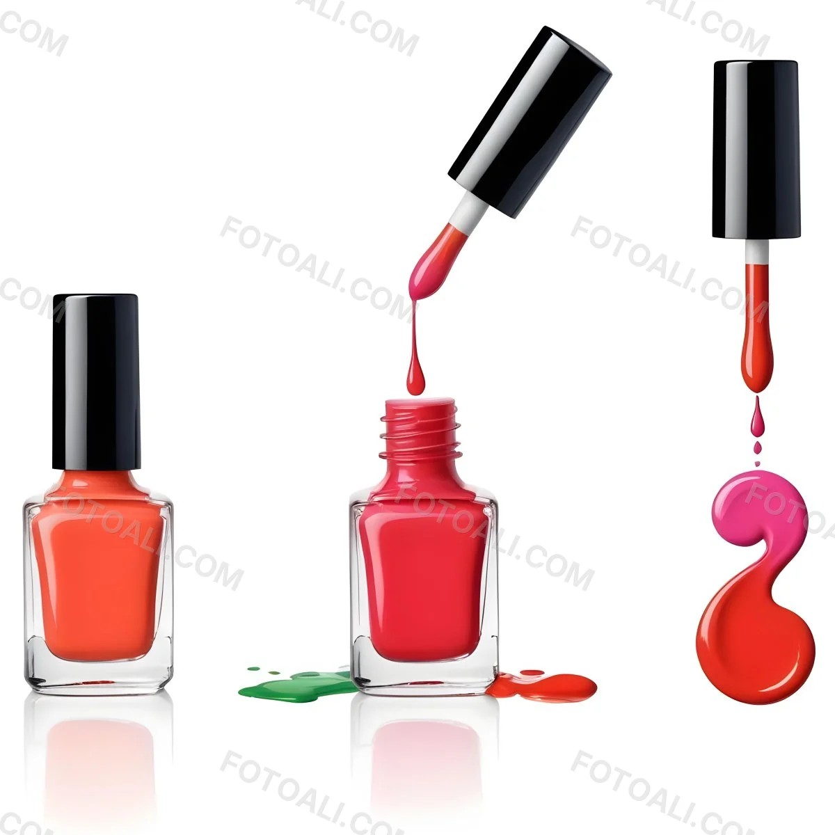 Digital Painting Redbluegreenyelloworangepink Nail Polish Bottle With White Cap Brush With A Drop Of Nail Polish And A Puddle Of Nail Polish On A Black Background Bold And Slim Lines Brush Strokes 8 0215