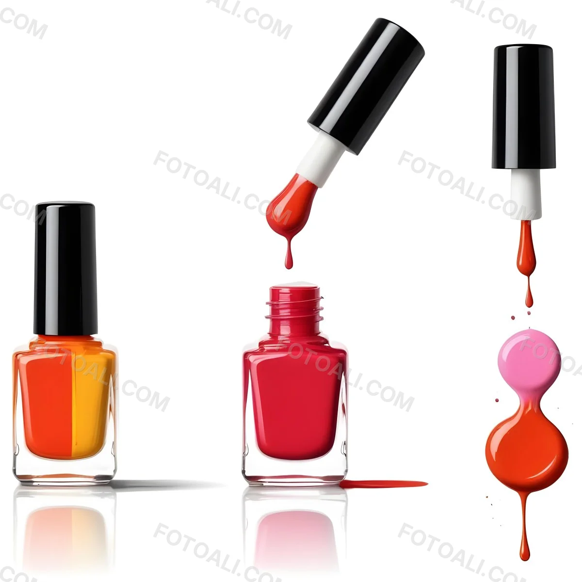 Digital Painting Redbluegreenyelloworangepink Nail Polish Bottle With White Cap Brush With A Drop Of Nail Polish And A Puddle Of Nail Polish On A Black Background Bold And Slim Lines Brush Strokes 9 0fdc
