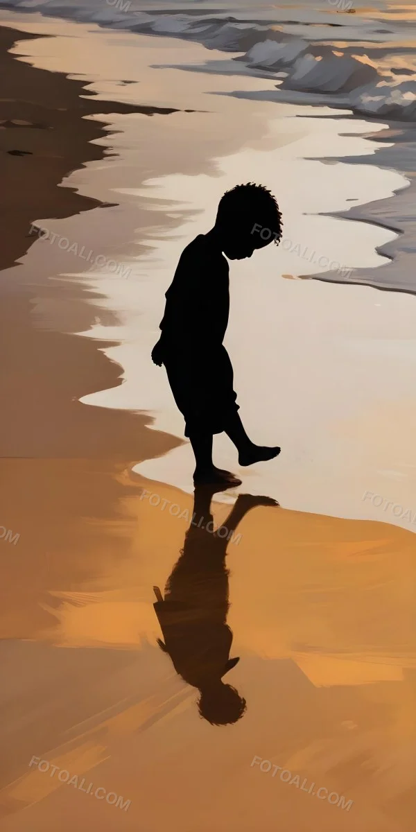 Digital Painting Silhouette Of A Black 5 Year Old Boy Standing On The Beach Looking Down Reflection In The Water Golden Hour Bold And Slim Lines Brush Strokes 13 A869