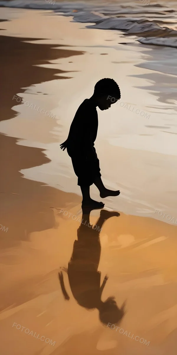 Digital Painting Silhouette Of A Black 5 Year Old Boy Standing On The Beach Looking Down Reflection In The Water Golden Hour Bold And Slim Lines Brush Strokes 14 7a24