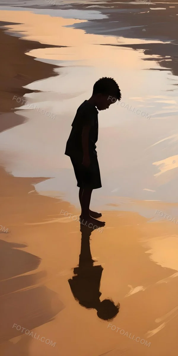 Digital Painting Silhouette Of A Black 5 Year Old Boy Standing On The Beach Looking Down Reflection In The Water Golden Hour Bold And Slim Lines Brush Strokes 21 Faf9