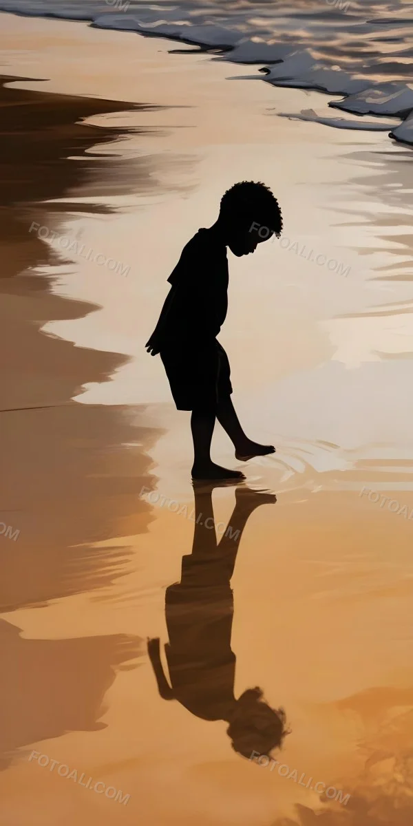 Digital Painting Silhouette Of A Black 5 Year Old Boy Standing On The Beach Looking Down Reflection In The Water Golden Hour Bold And Slim Lines Brush Strokes 23 7976