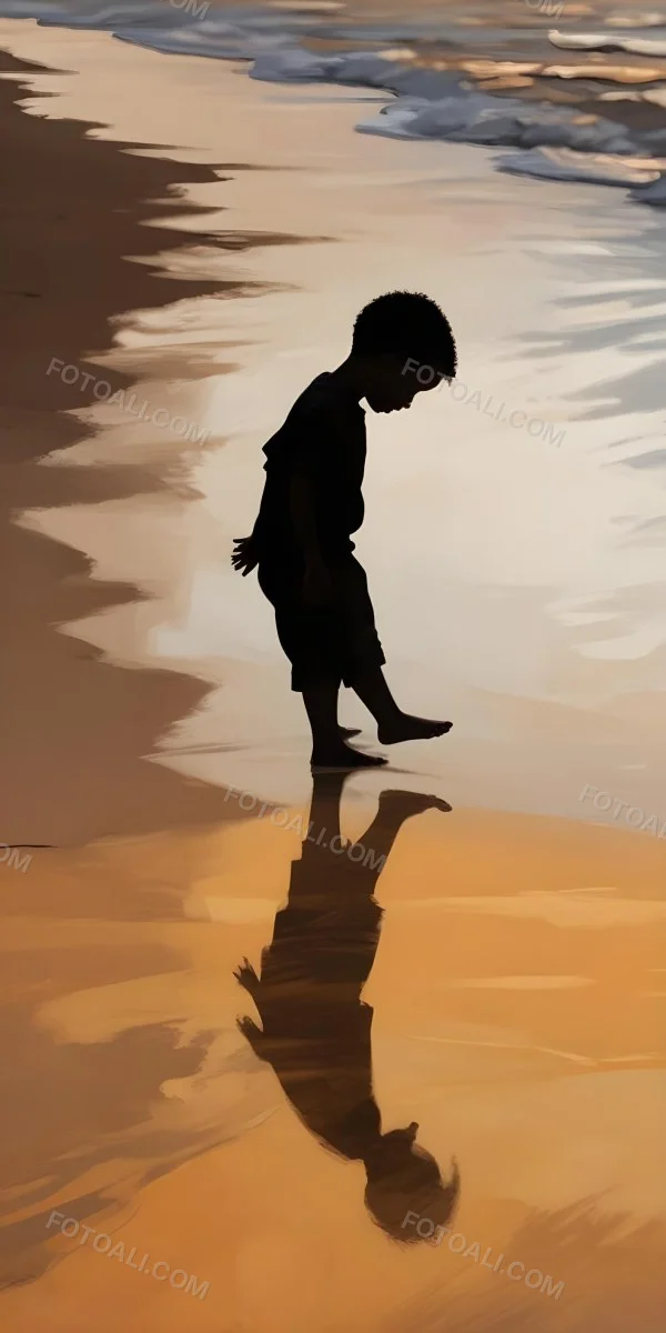 Digital Painting Silhouette Of A Black 5 Year Old Boy Standing On The Beach Looking Down Reflection In The Water Golden Hour Bold And Slim Lines Brush Strokes 24 Bf70