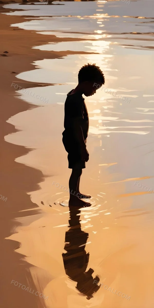 Digital Painting Silhouette Of A Black 5 Year Old Boy Standing On The Beach Looking Down Reflection In The Water Golden Hour Bold And Slim Lines Brush Strokes 4 0995
