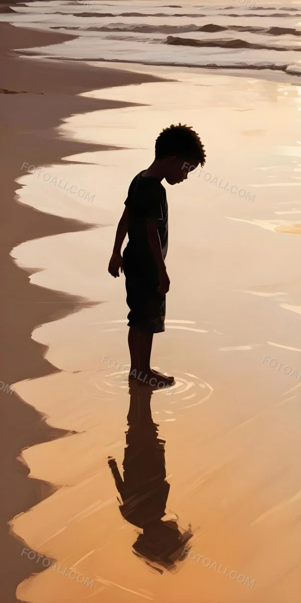 Digital Painting Silhouette Of A Black 5 Year Old Boy Standing On The Beach Looking Down Reflection In The Water Golden Hour Bold And Slim Lines Brush Strokes 5 3ff2
