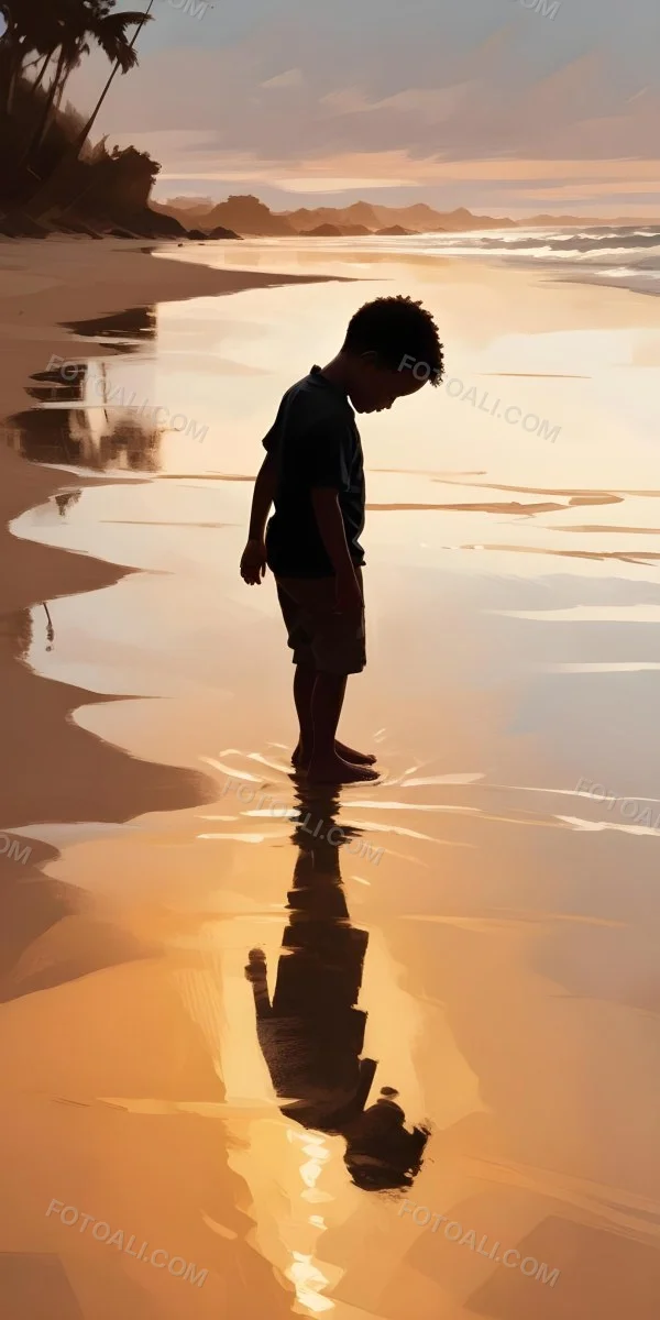 Digital Painting Silhouette Of A Black 5 Year Old Boy Standing On The Beach Looking Down Reflection In The Water Golden Hour Bold And Slim Lines Brush Strokes 6 A2b9