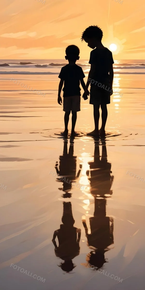 Digital Painting Silhouette Of A Black 5 Year Old Boy Standing On The Beach Looking Down Reflection In The Water Golden Hour Bold And Slim Lines Brush Strokes 8 C09d