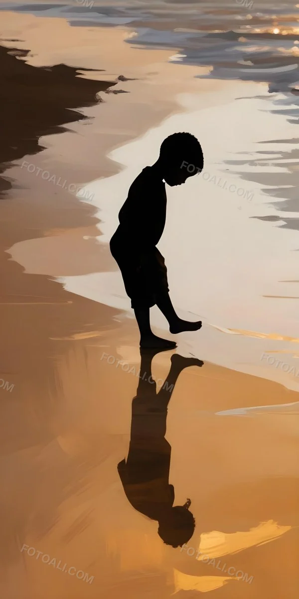 Digital Painting Silhouette Of A Black 5 Year Old Boy Standing On The Beach Looking Down Reflection In The Water Golden Hour Bold And Slim Lines Brush Strokes 9 3aad