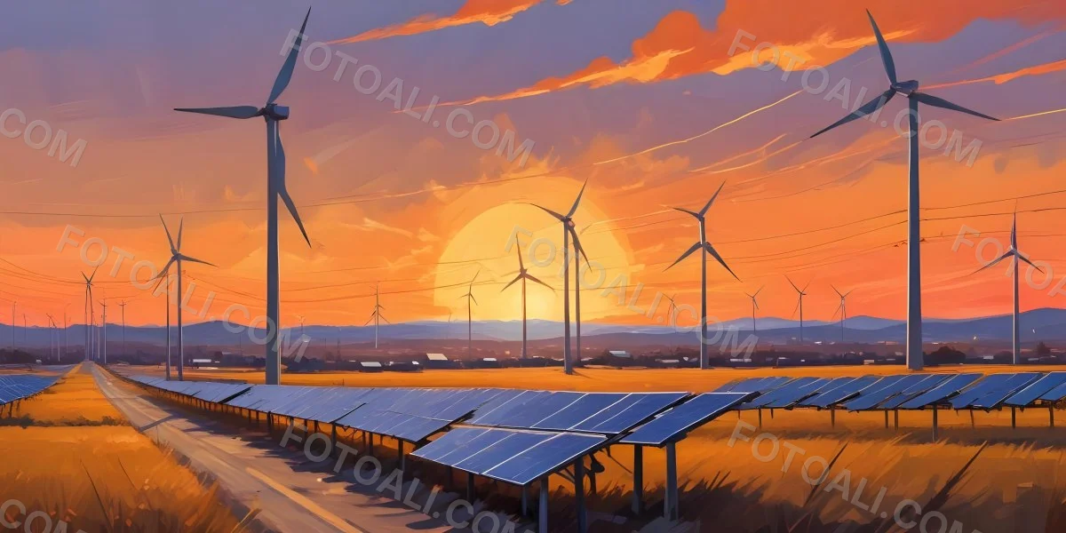 Digital Painting Solar Panels In The Foreground Wind Turbines In The Background And Power Lines Overhead All Set Against A Sunset Sky With Orange And Yellow Hues Bold And Slim Lines Brush Strokes 11 55a3