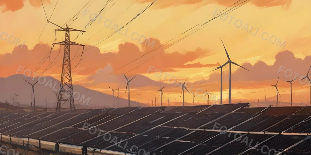 Digital Painting Solar Panels In The Foreground Wind Turbines In The Background And Power Lines Overhead All Set Against A Sunset Sky With Orange And Yellow Hues Bold And Slim Lines Brush Strokes 12 2a32