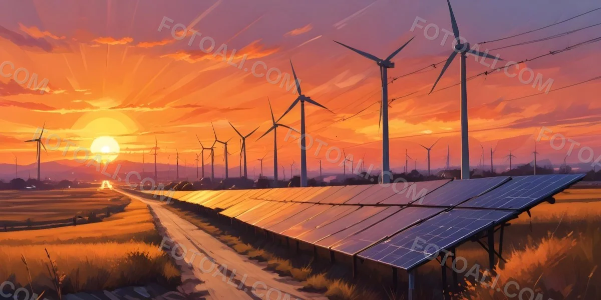 Digital Painting Solar Panels In The Foreground Wind Turbines In The Background And Power Lines Overhead All Set Against A Sunset Sky With Orange And Yellow Hues Bold And Slim Lines Brush Strokes 17 Accb