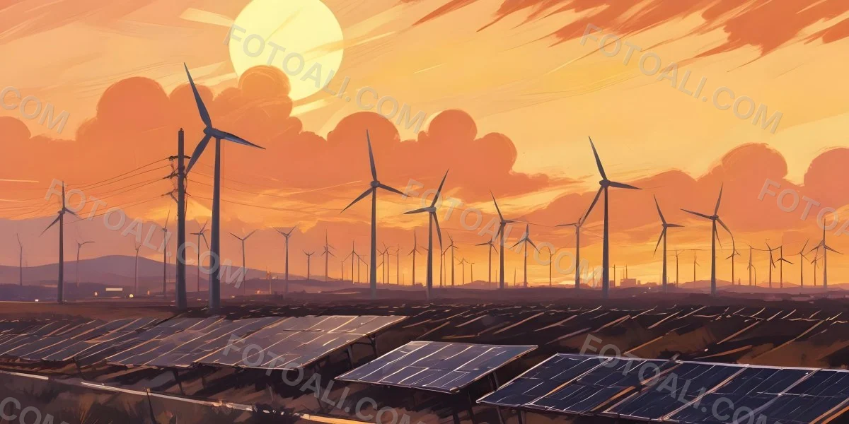 Digital Painting Solar Panels In The Foreground Wind Turbines In The Background And Power Lines Overhead All Set Against A Sunset Sky With Orange And Yellow Hues Bold And Slim Lines Brush Strokes 20 Cfa8