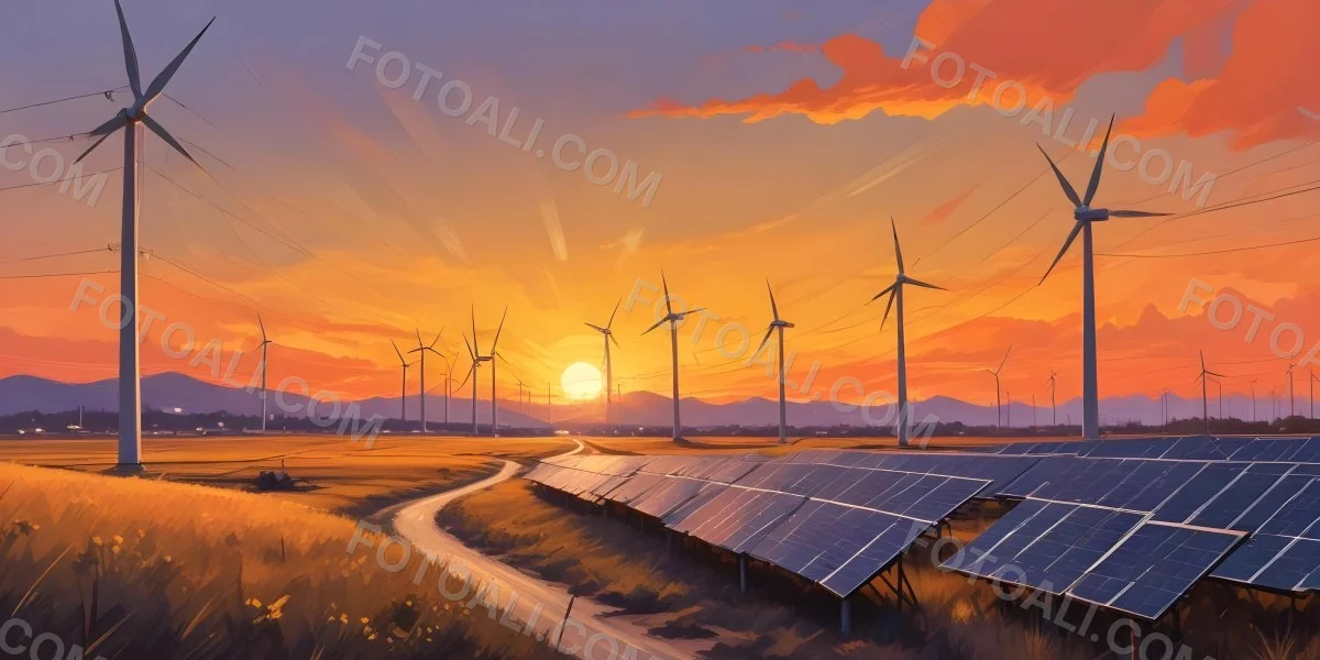 Digital Painting Solar Panels In The Foreground Wind Turbines In The Background And Power Lines Overhead All Set Against A Sunset Sky With Orange And Yellow Hues Bold And Slim Lines Brush Strokes 25 A930