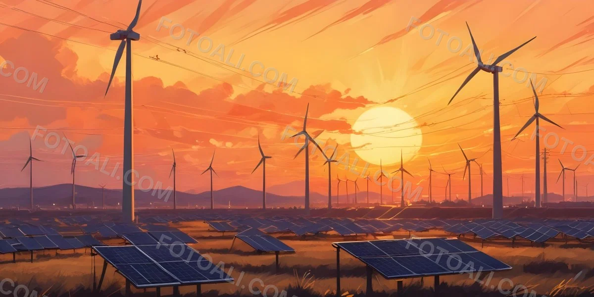 Digital Painting Solar Panels In The Foreground Wind Turbines In The Background And Power Lines Overhead All Set Against A Sunset Sky With Orange And Yellow Hues Bold And Slim Lines Brush Strokes 28 5777