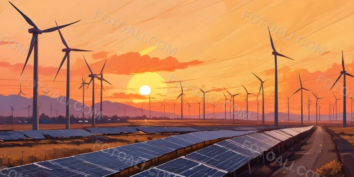 Digital Painting Solar Panels In The Foreground Wind Turbines In The Background And Power Lines Overhead All Set Against A Sunset Sky With Orange And Yellow Hues Bold And Slim Lines Brush Strokes 29 9c08