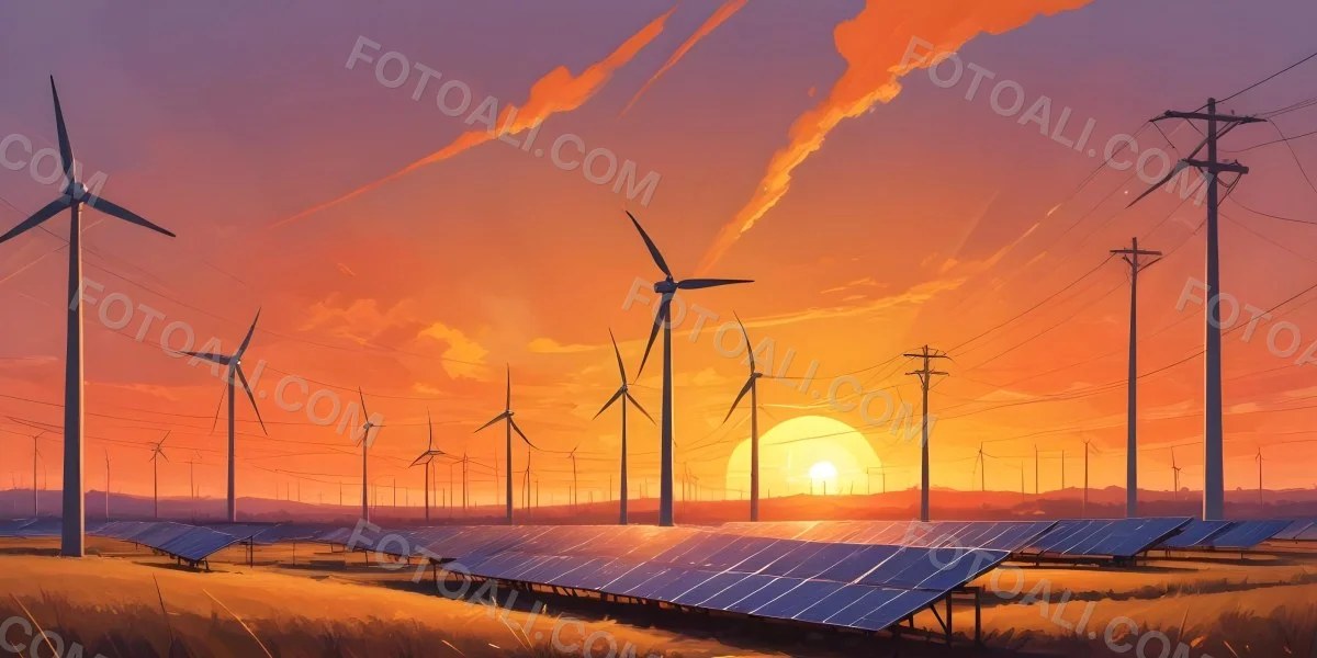 Digital Painting Solar Panels In The Foreground Wind Turbines In The Background And Power Lines Overhead All Set Against A Sunset Sky With Orange And Yellow Hues Bold And Slim Lines Brush Strokes 30 1b2b