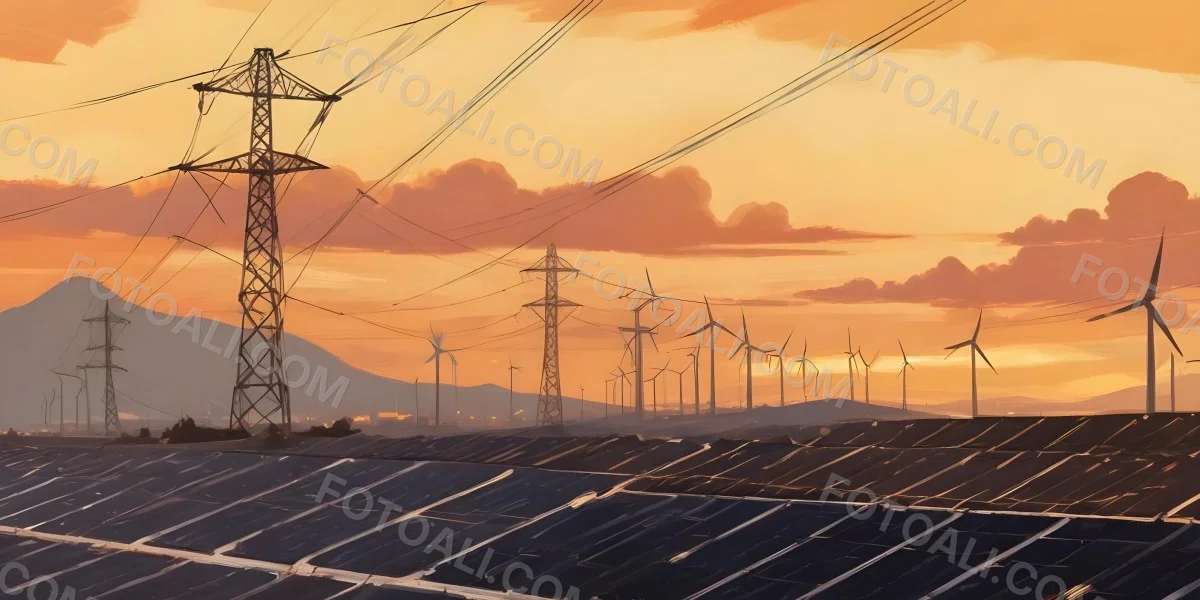 Digital Painting Solar Panels In The Foreground Wind Turbines In The Background And Power Lines Overhead All Set Against A Sunset Sky With Orange And Yellow Hues Bold And Slim Lines Brush Strokes 4 B3e7