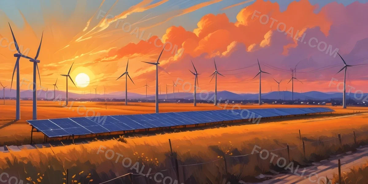 Digital Painting Solar Panels In The Foreground Wind Turbines In The Background And Power Lines Overhead All Set Against A Sunset Sky With Orange And Yellow Hues Bold And Slim Lines Brush Strokes 5 3cf7
