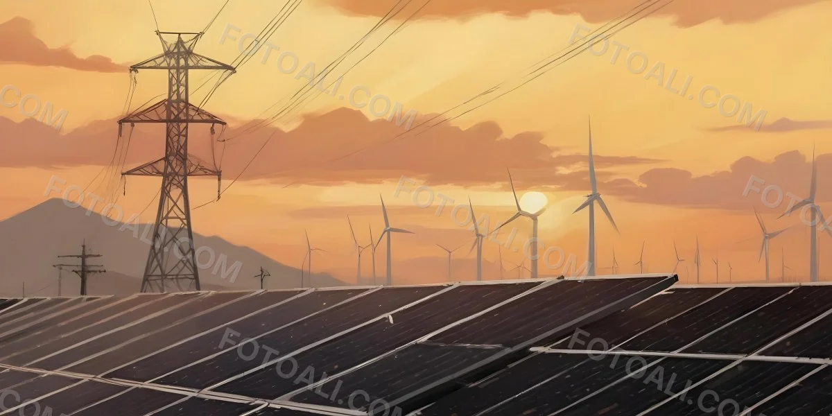 Digital Painting Solar Panels In The Foreground Wind Turbines In The Background And Power Lines Overhead All Set Against A Sunset Sky With Orange And Yellow Hues Bold And Slim Lines Brush Strokes 6 71d4