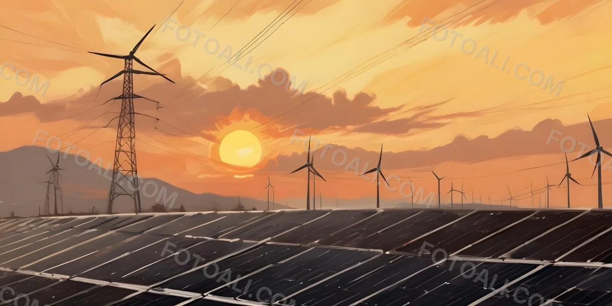 Digital Painting Solar Panels In The Foreground Wind Turbines In The Background And Power Lines Overhead All Set Against A Sunset Sky With Orange And Yellow Hues Bold And Slim Lines Brush Strokes 8 9513