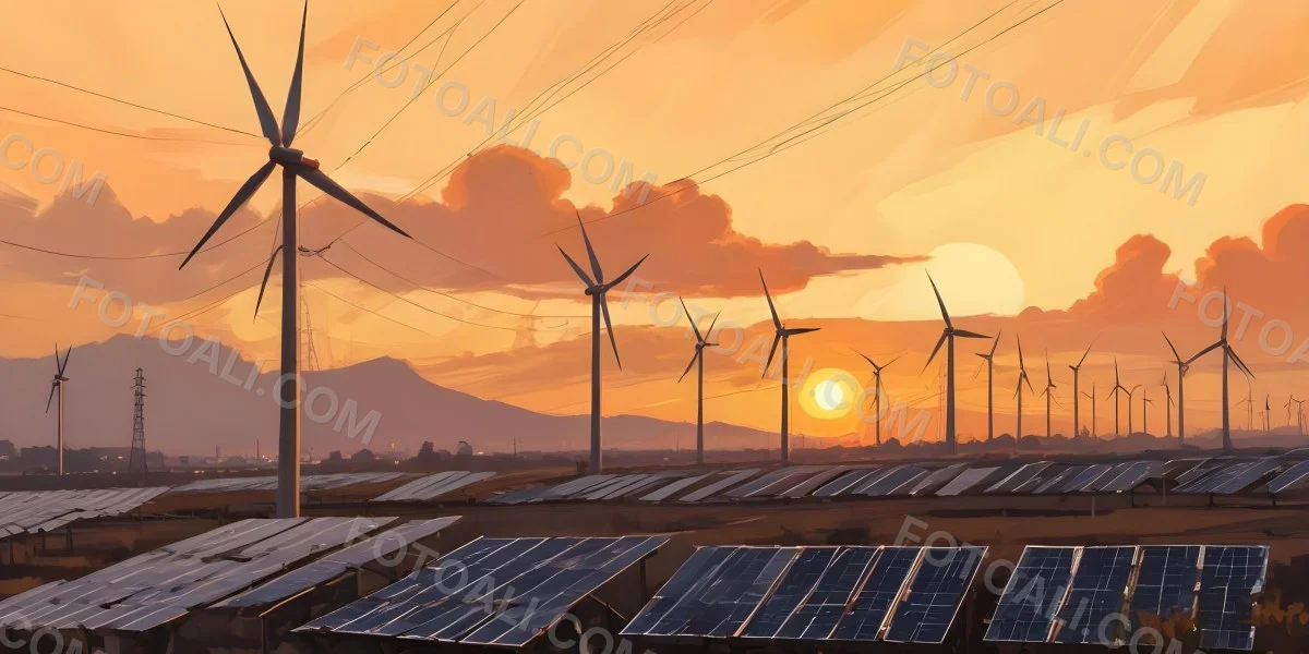 Digital Painting Solar Panels In The Foreground Wind Turbines In The Background And Power Lines Overhead All Set Against A Sunset Sky With Orange And Yellow Hues Bold And Slim Lines Brush Strokes 9 6437