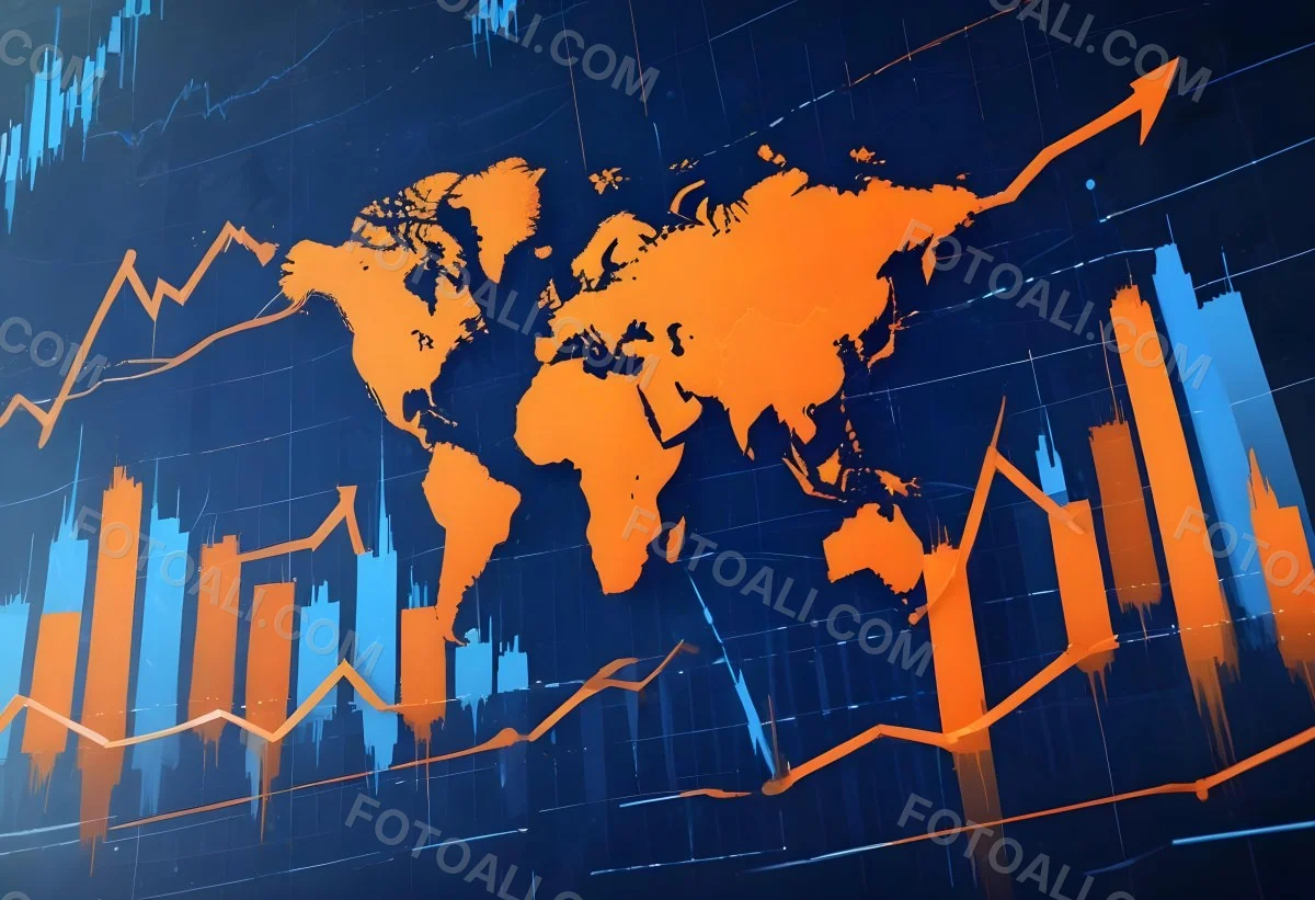 Digital Painting Stock Market Chart With Upward Arrows And World Map In The Background Inancial Data Blue And Orange Color Scheme Modern Design Investment Concept Bold And Slim Lines Brush Strokes 13 72aa