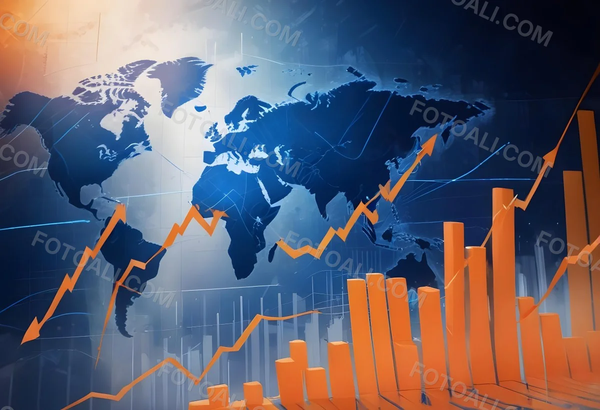 Digital Painting Stock Market Chart With Upward Arrows And World Map In The Background Inancial Data Blue And Orange Color Scheme Modern Design Investment Concept Bold And Slim Lines Brush Strokes 15 Bcfc