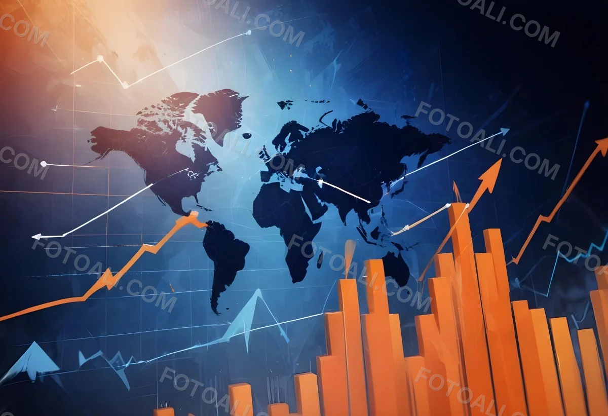 Digital Painting Stock Market Chart With Upward Arrows And World Map In The Background Inancial Data Blue And Orange Color Scheme Modern Design Investment Concept Bold And Slim Lines Brush Strokes 20 F53d