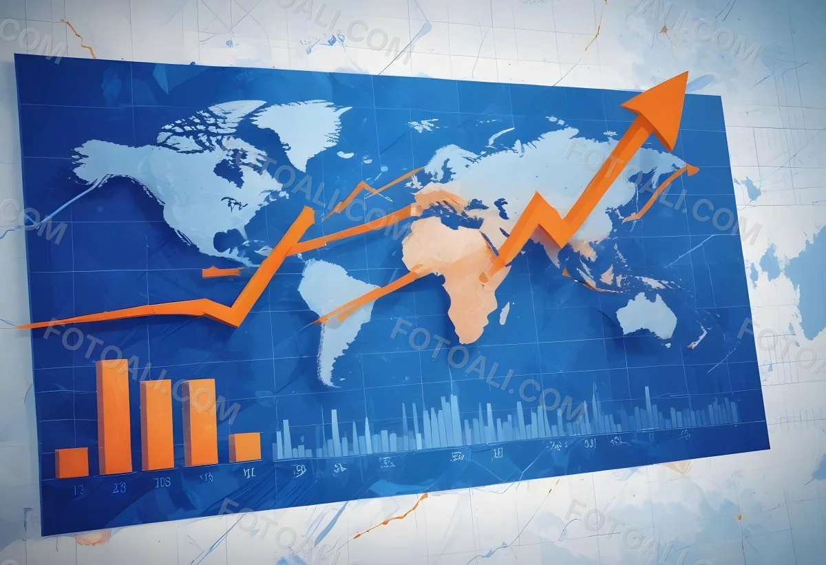 Digital Painting Stock Market Chart With Upward Arrows And World Map In The Background Inancial Data Blue And Orange Color Scheme Modern Design Investment Concept Bold And Slim Lines Brush Strokes 22 0f8c