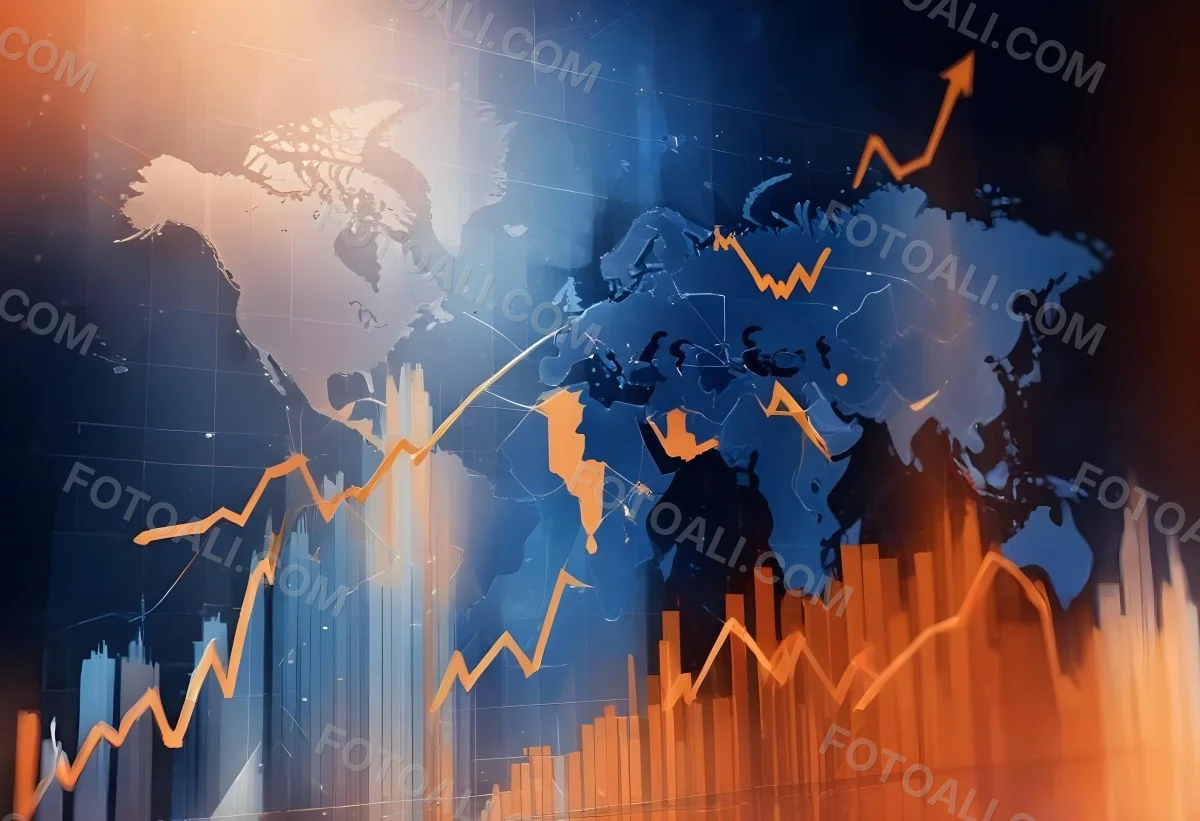 Digital Painting Stock Market Chart With Upward Arrows And World Map In The Background Inancial Data Blue And Orange Color Scheme Modern Design Investment Concept Bold And Slim Lines Brush Strokes 23 Ab82
