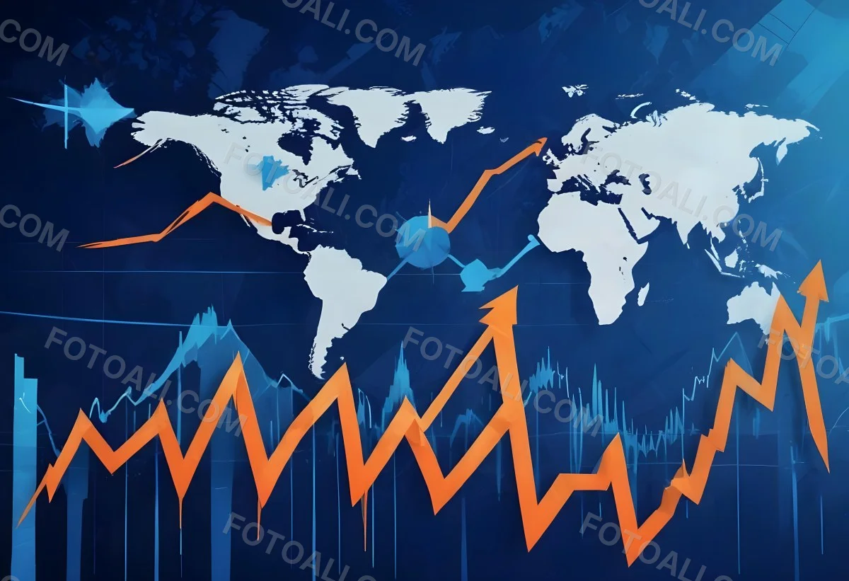 Digital Painting Stock Market Chart With Upward Arrows And World Map In The Background Inancial Data Blue And Orange Color Scheme Modern Design Investment Concept Bold And Slim Lines Brush Strokes 26 0559