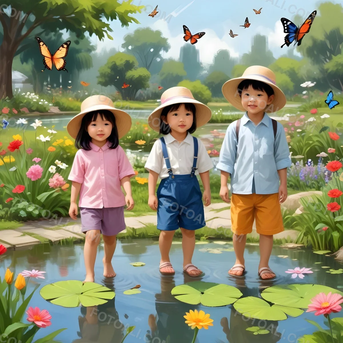 Digital Painting Three Asian Kids Around 6 Years Old With Hats In A Garden With A Pond And Flowers Butterflies And Birds Flying Around Bold And Slim Lines Brush Strokes 1 1c88