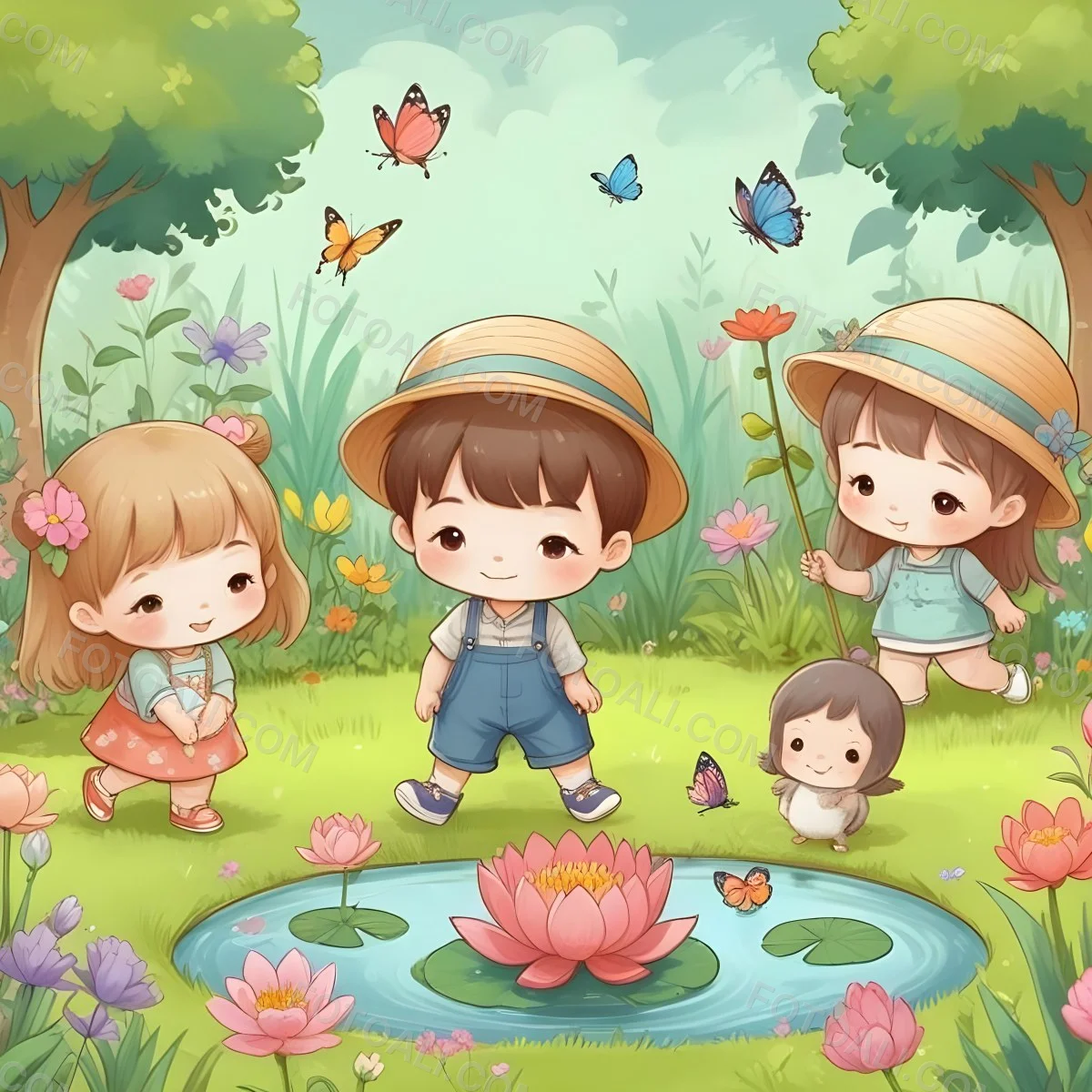 Digital Painting Three Asian Kids Around 6 Years Old With Hats In A Garden With A Pond And Flowers Butterflies And Birds Flying Around Bold And Slim Lines Brush Strokes 10 C0d6