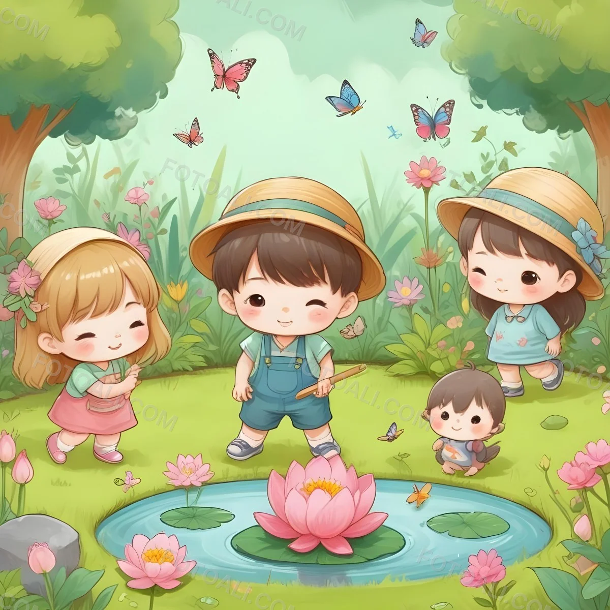Digital Painting Three Asian Kids Around 6 Years Old With Hats In A Garden With A Pond And Flowers Butterflies And Birds Flying Around Bold And Slim Lines Brush Strokes 11 5395