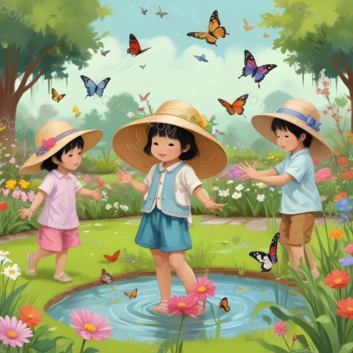 Digital Painting Three Asian Kids Around 6 Years Old With Hats In A Garden With A Pond And Flowers Butterflies And Birds Flying Around Bold And Slim Lines Brush Strokes 12 7f3b