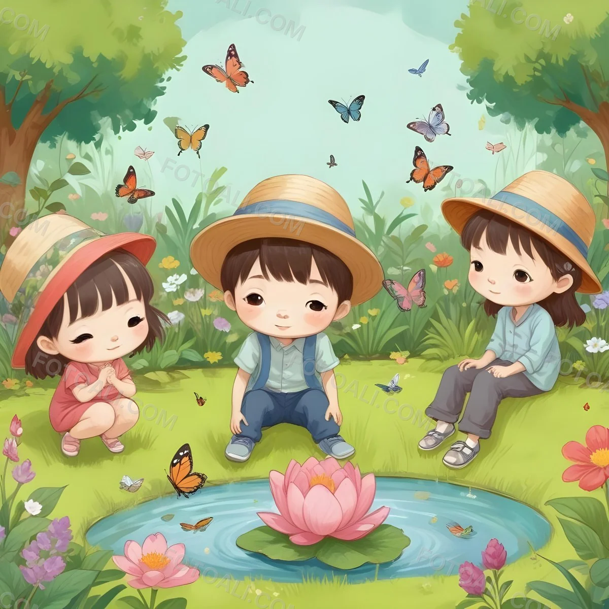 Digital Painting Three Asian Kids Around 6 Years Old With Hats In A Garden With A Pond And Flowers Butterflies And Birds Flying Around Bold And Slim Lines Brush Strokes 13 00b6