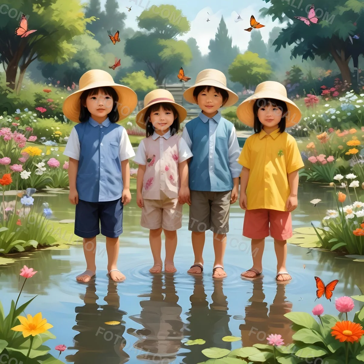 Digital Painting Three Asian Kids Around 6 Years Old With Hats In A Garden With A Pond And Flowers Butterflies And Birds Flying Around Bold And Slim Lines Brush Strokes 5 2bed