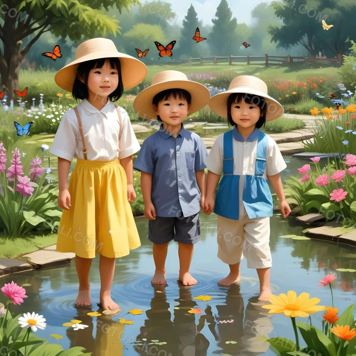Digital Painting Three Asian Kids Around 6 Years Old With Hats In A Garden With A Pond And Flowers Butterflies And Birds Flying Around Bold And Slim Lines Brush Strokes 6 D1ac