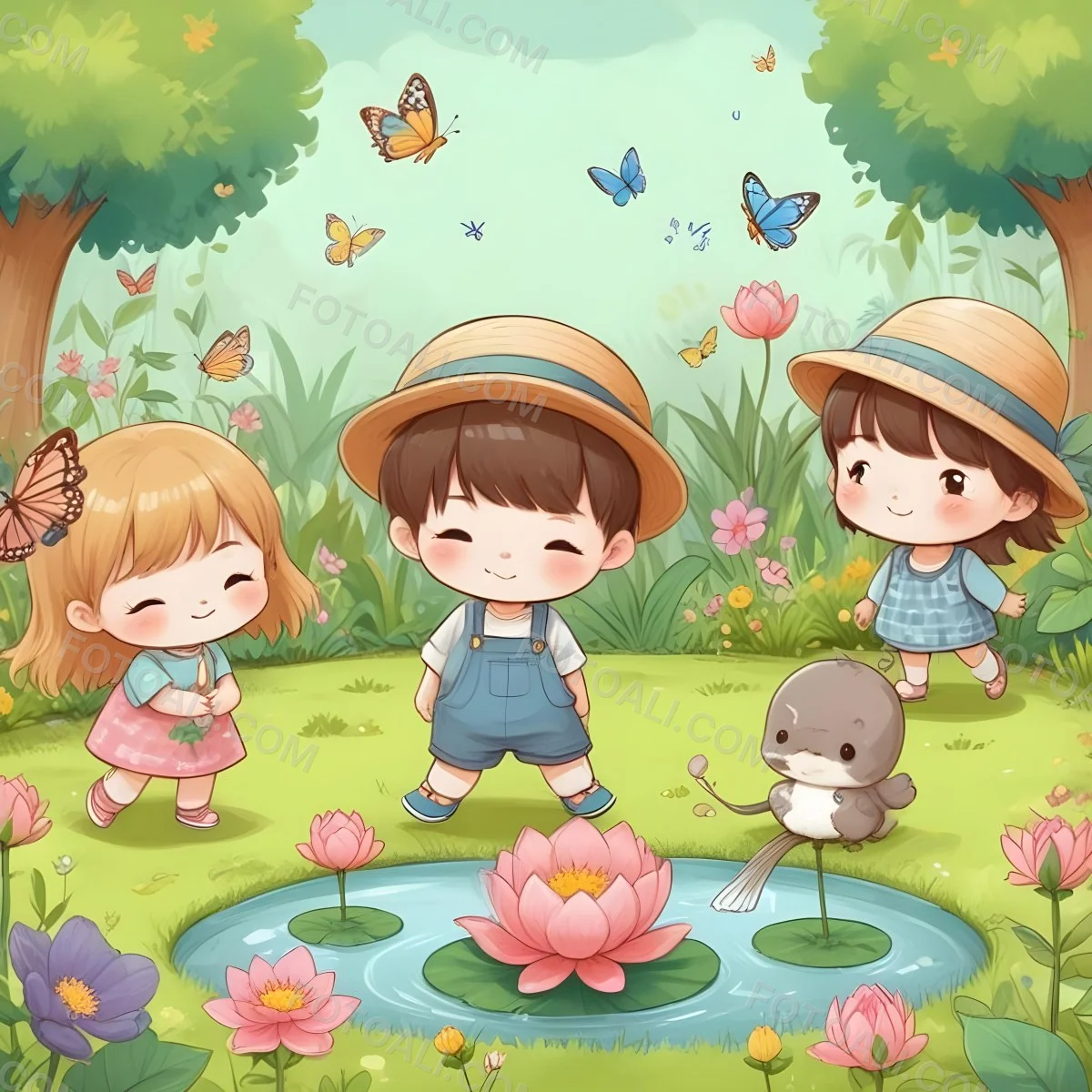 Digital Painting Three Asian Kids Around 6 Years Old With Hats In A Garden With A Pond And Flowers Butterflies And Birds Flying Around Bold And Slim Lines Brush Strokes 8 A5c3