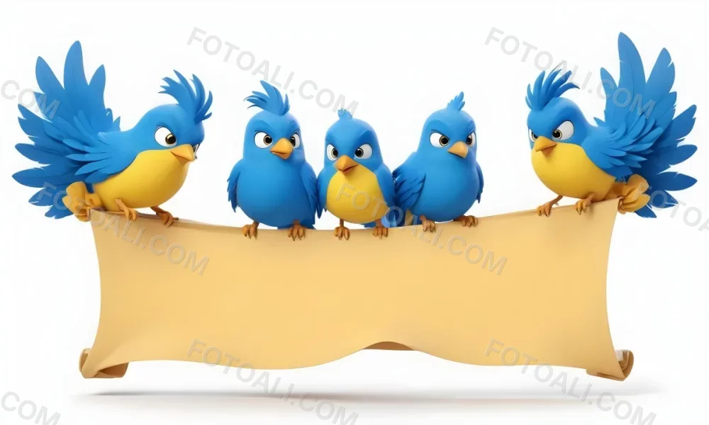Digital Painting Three Cartoon Birds With Blue Feathers And Yellow Accents One In The Center With A Blue Body And Yellow Belly Perched On A Scroll Like Banner The Background Is Plain And Light Colored Bold And Sl 10 379b