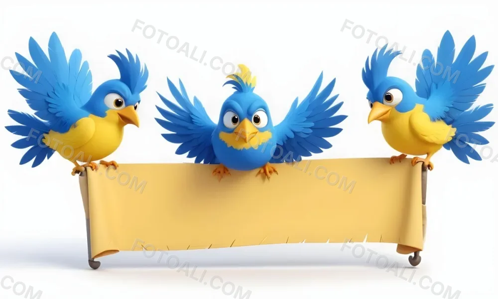 Digital Painting Three Cartoon Birds With Blue Feathers And Yellow Accents One In The Center With A Blue Body And Yellow Belly Perched On A Scroll Like Banner The Background Is Plain And Light Colored Bold And Sl 11 D48d